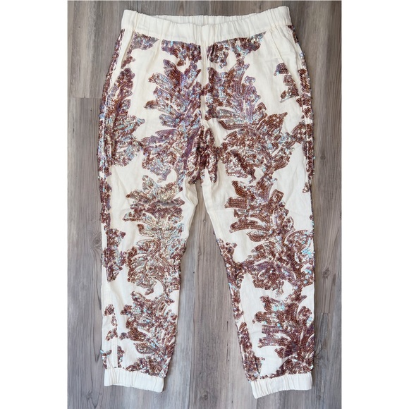 J. CREW Seaside Iridescent Sequin Ivory Linen Cotton Jogger Pants - Picture 2 of 6